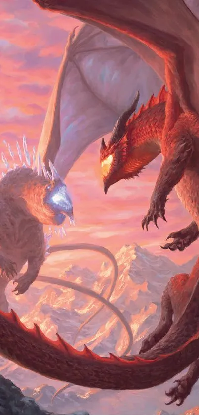 Epic dragon battle in vibrant sky artwork.