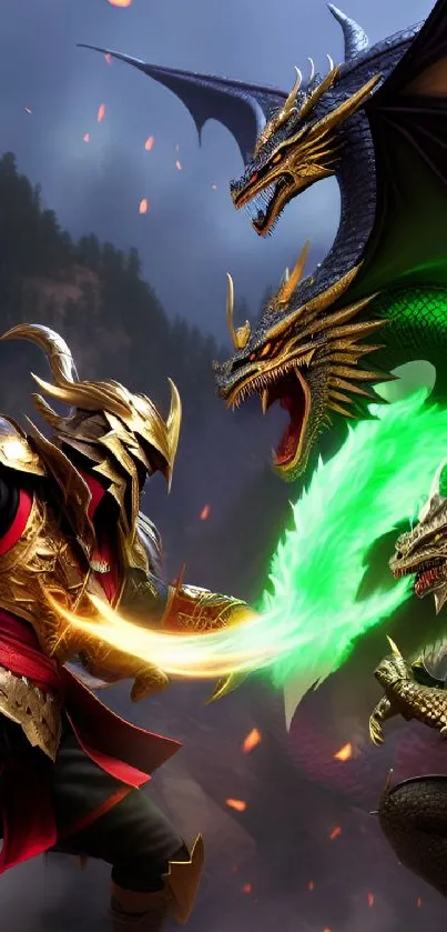 Epic battle between warriors and dragons in fantasy landscape.