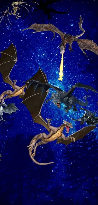 Epic dragons battling in a starry night sky wallpaper.