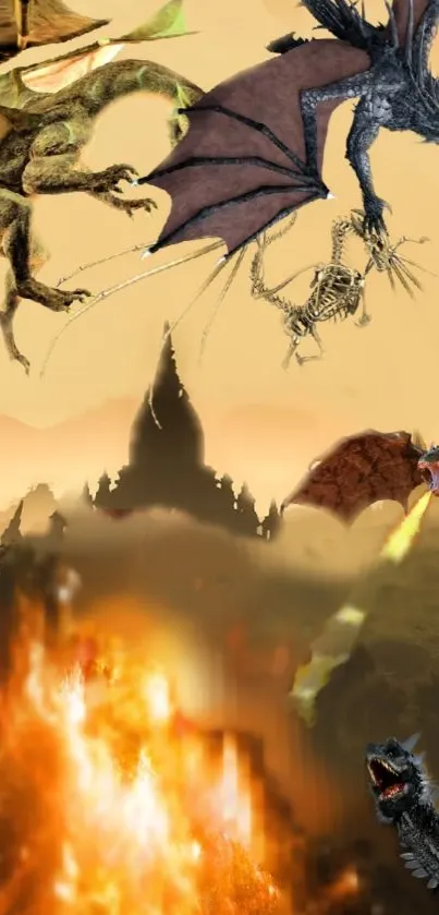 Epic dragon battle with fiery landscape in mobile wallpaper.