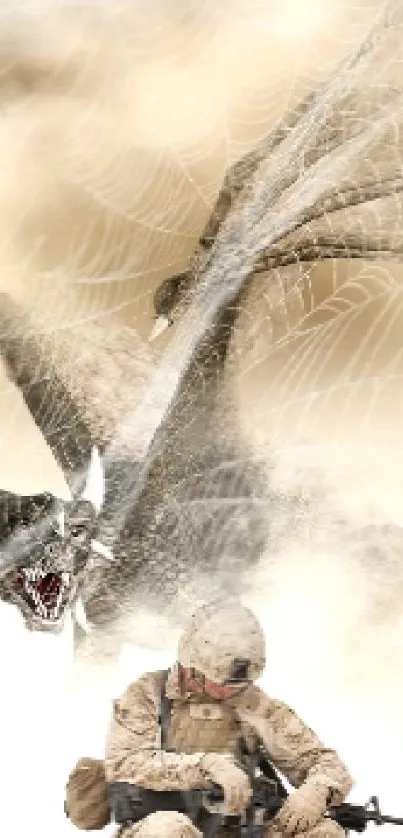 Epic scene of soldier and dragon in desert mist.