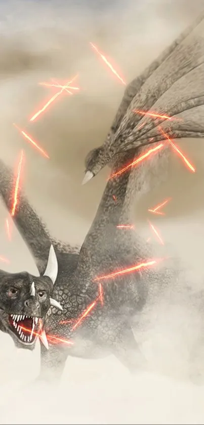 Epic dragon battle with fiery sparks amid misty backdrop.