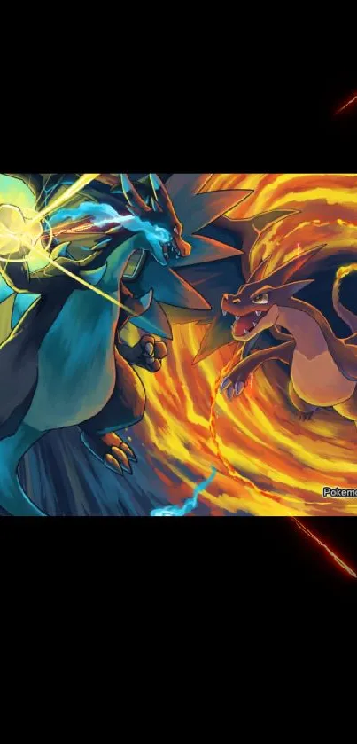 Epic dragon battle wallpaper with fiery orange and blue colors.