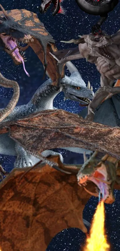 Epic dragon battle against a starry night sky.