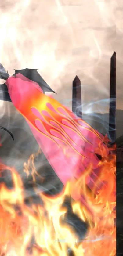 Epic dragon battle scene with flames and medieval fortress.