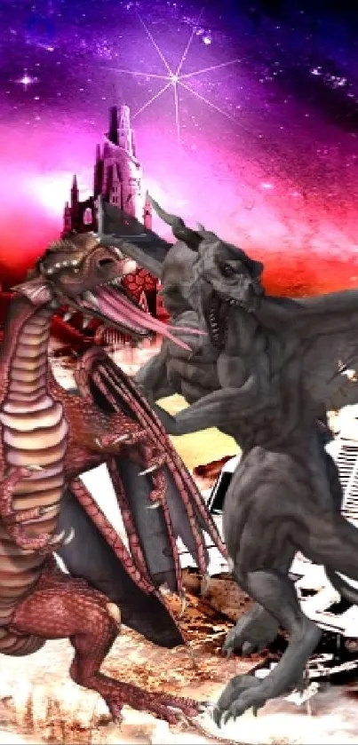 Epic dragon battle in cosmic landscape wallpaper.