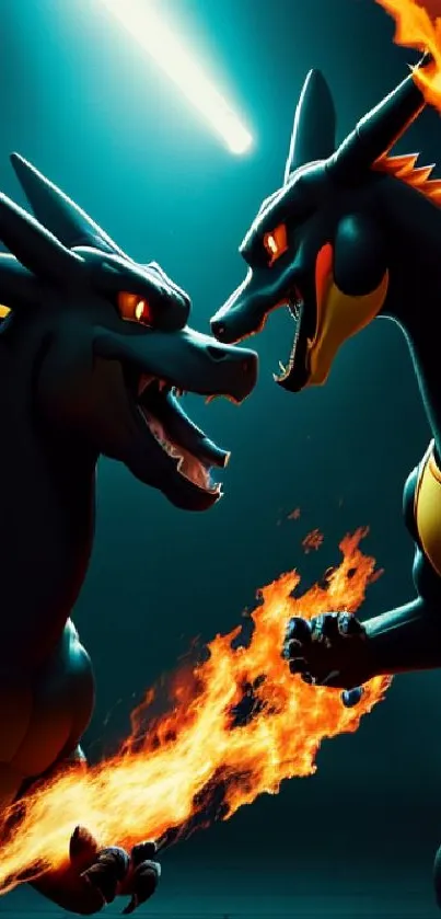 Two dragons battling with flames in a dark, dramatic scene.