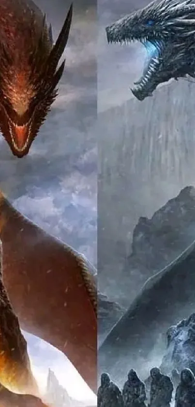 Epic dragon battle with fire and ice dragons in a dynamic fantasy scene.