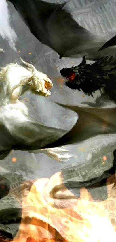 Epic battle between white and black dragons in an artistic fantasy scene.