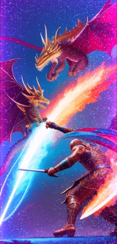 Epic battle between dragon and warrior with vivid colors.