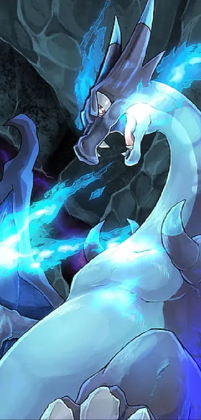 Epic dragon breathing blue flames in a rocky scene.