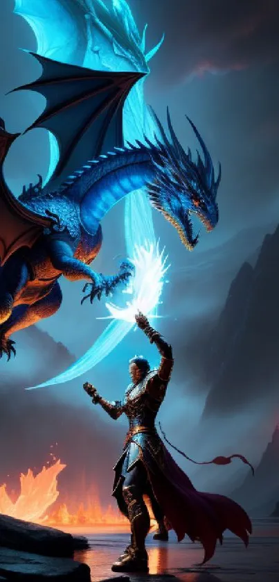 Epic dragon and knight battle in fantasy artwork wallpaper.