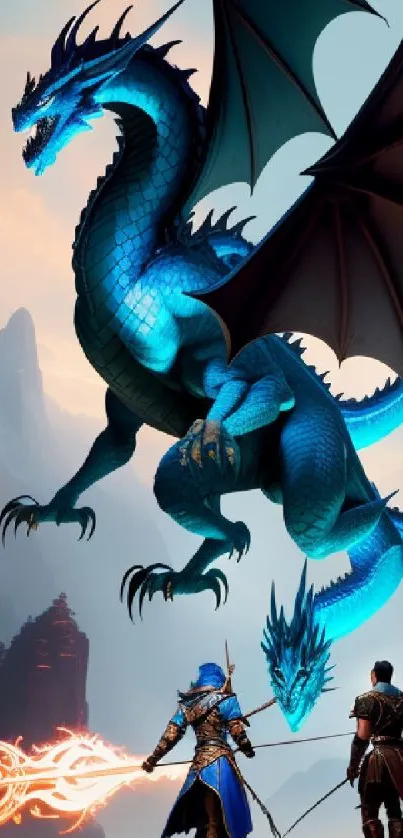 Majestic blue dragon facing warriors in a fantasy landscape.