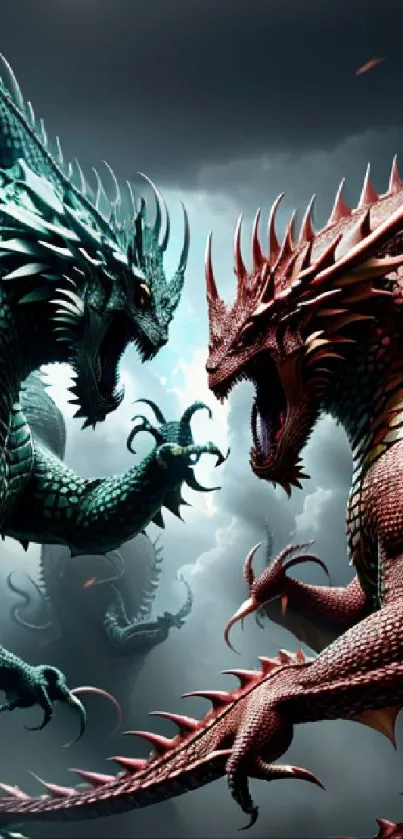 Fiery red and mystical blue dragons clash in an epic fantasy battle.