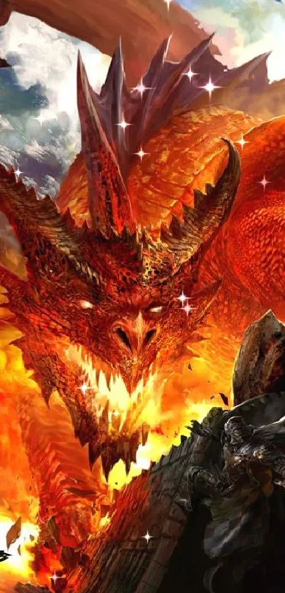 Epic fiery dragon in mid-air battle wallpaper for phones.