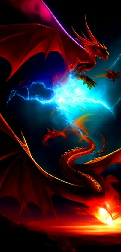 Epic dragon battle wallpaper with fiery and lightning effects.