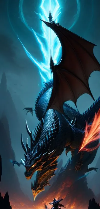 Epic dragon in a fiery battle with a knight, set in a mystical mountainous landscape.