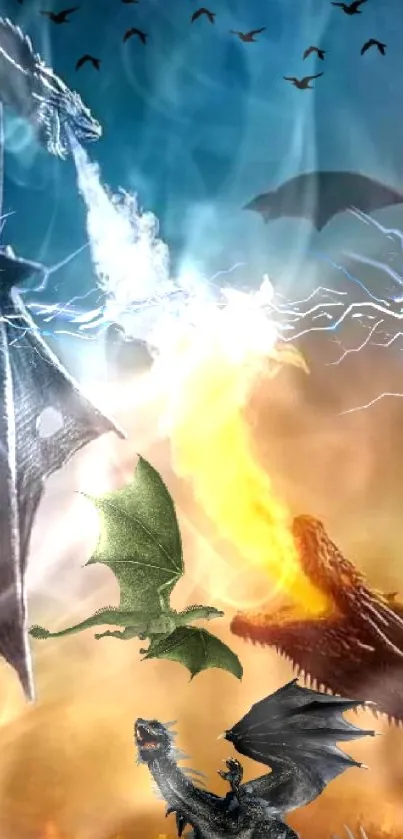 Epic dragon battle with fire breaths against sky.