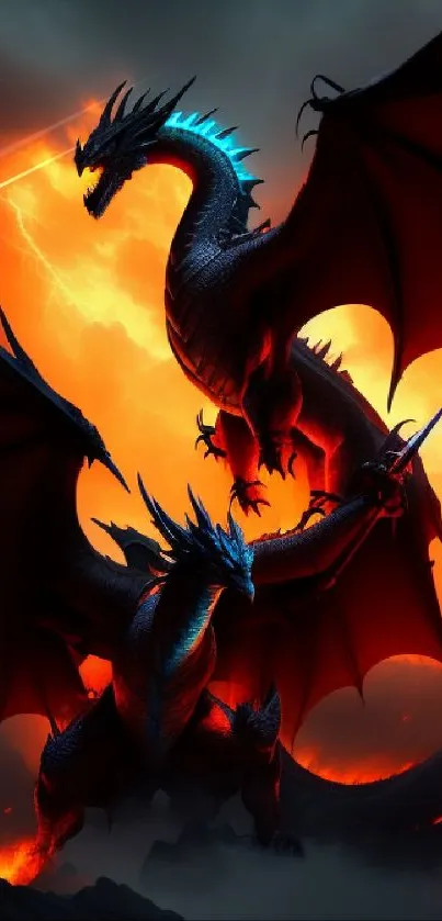 Epic red and blue dragon battle in a fiery sky backdrop.