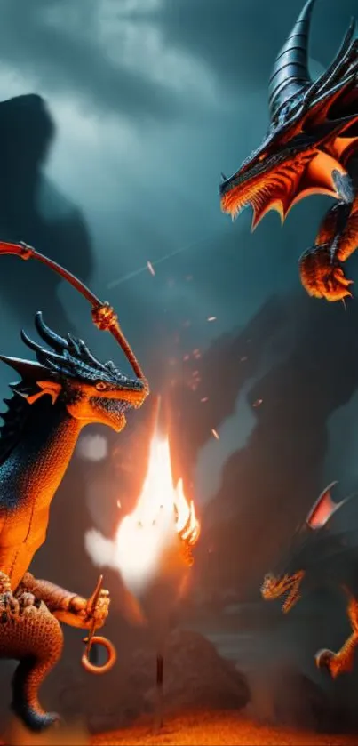 Fierce dragon duel in fiery landscape with dramatic lighting and vibrant colors.