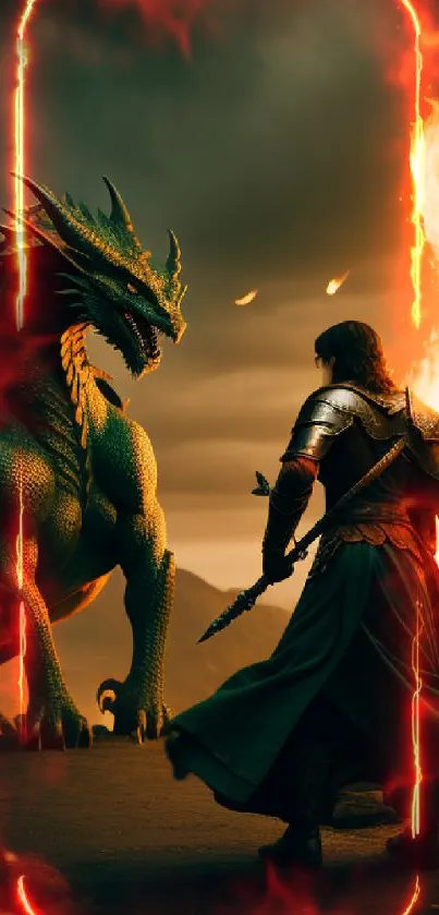 Warrior faces dragon with fiery backdrop.