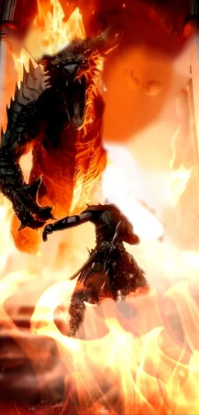 Epic battle scene with dragon and flames in orange hues.