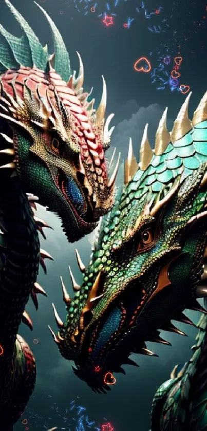 Epic dragon battle wallpaper with vivid colors and intricate details.