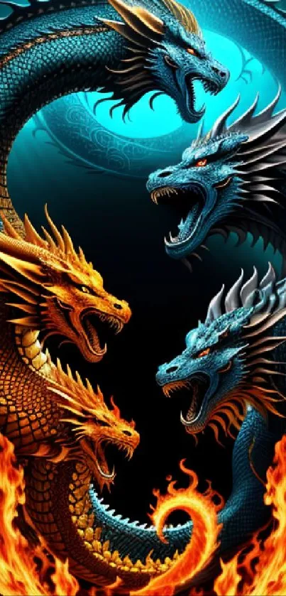 Epic dragons in battle, fiery and icy contrast, fantasy art wallpaper.