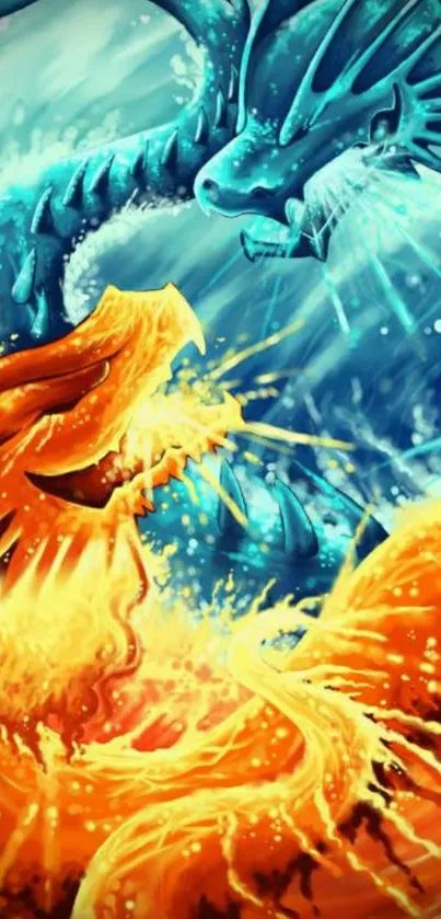 Epic dragon battle wallpaper with vibrant blue and orange colors.