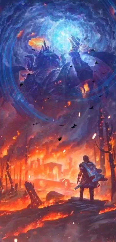 Hero faces dragon in fiery landscape wallpaper.