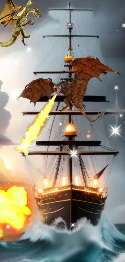 Epic scene of dragons attacking a ship on stormy waters, igniting a fiery explosion.