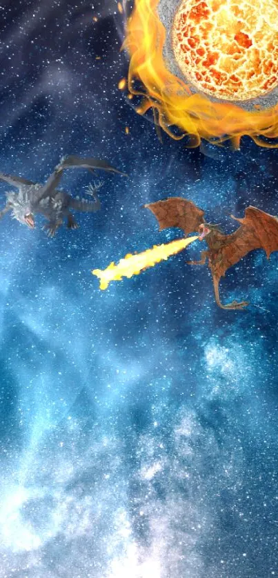 Two dragons battling in a cosmic starry sky with vibrant fire.