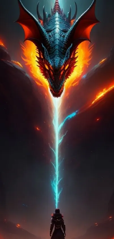 Epic dragon confrontation with warrior in fiery fantasy scene.