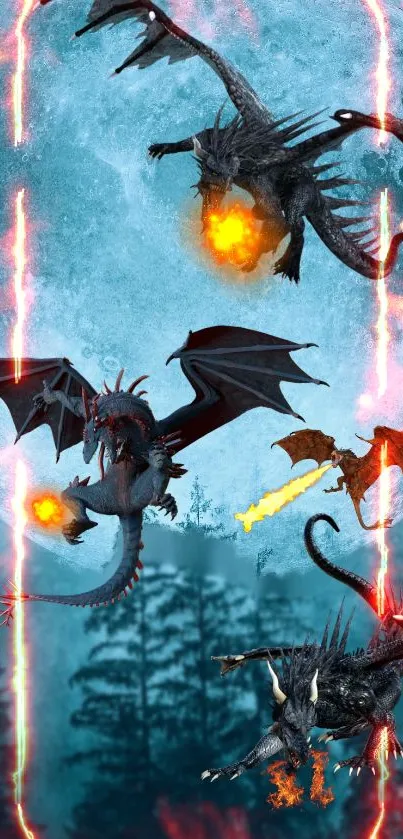 Epic battle of dragons with a fiery backdrop under a full moon.