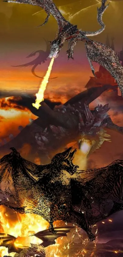 Epic dragon battle with castle and fiery sunset.