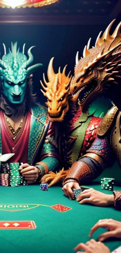 Dragons playing poker in an epic fantasy card game scene.