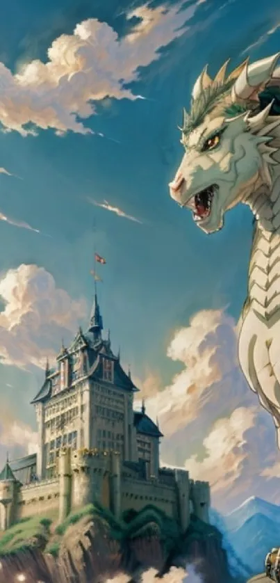 A majestic dragon stands guard over a grand castle under a vibrant sky.