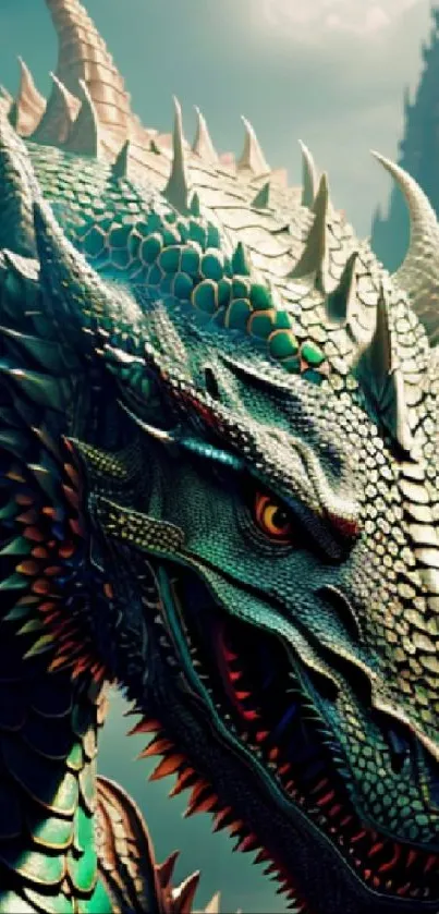 Epic dragon with a castle in the background, perfect for fantasy and medieval themes.