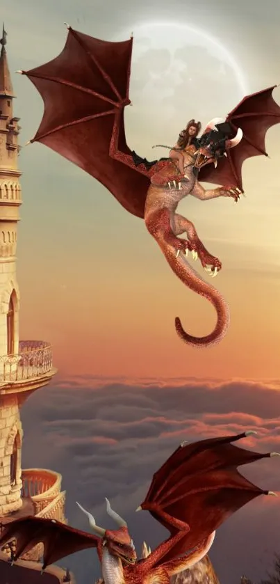 Epic dragon flying above a castle with sunset backdrop.