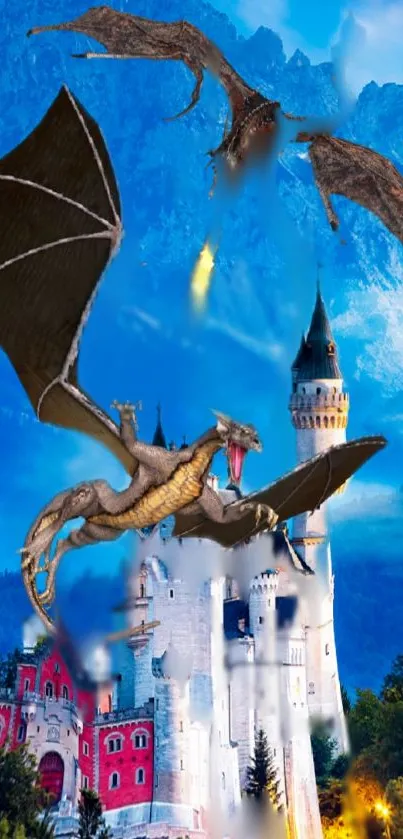 Dragons flying over a majestic castle under a bright blue sky with mountains.