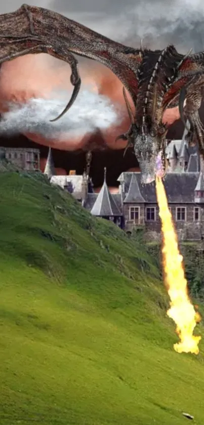 Dragon breathes fire over a medieval castle with lush green hills.