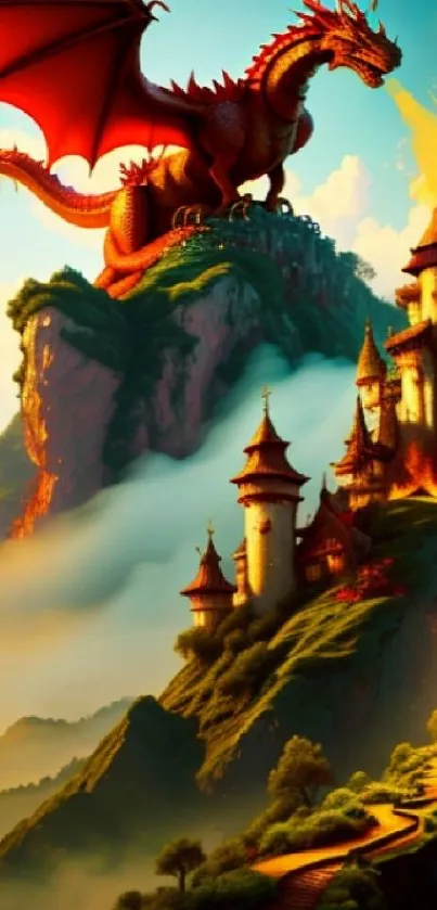 Dragon overlooking a fantasy castle on a mystical mountain.