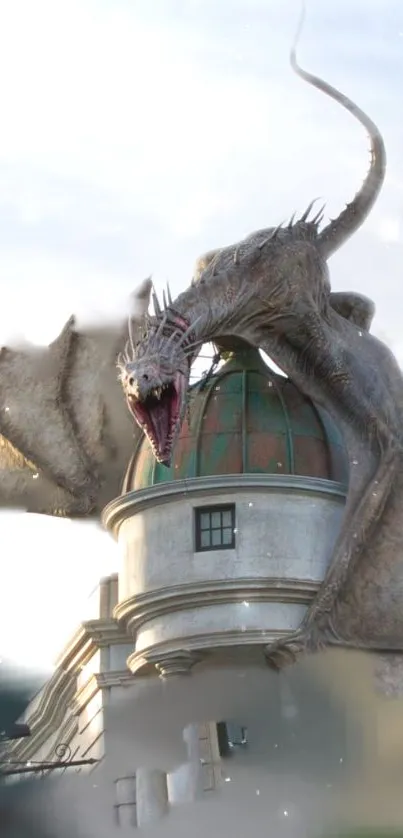 Epic dragon overlooking a cityscape with cloudy sky.