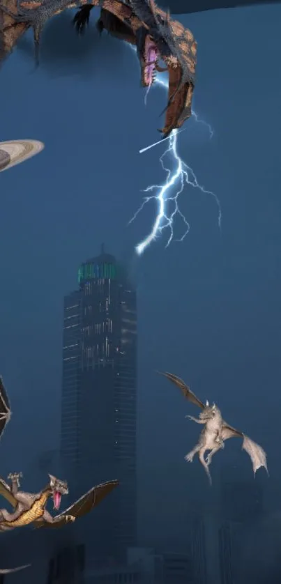 Fantasy dragons and lightning over cityscape with planet in the sky.