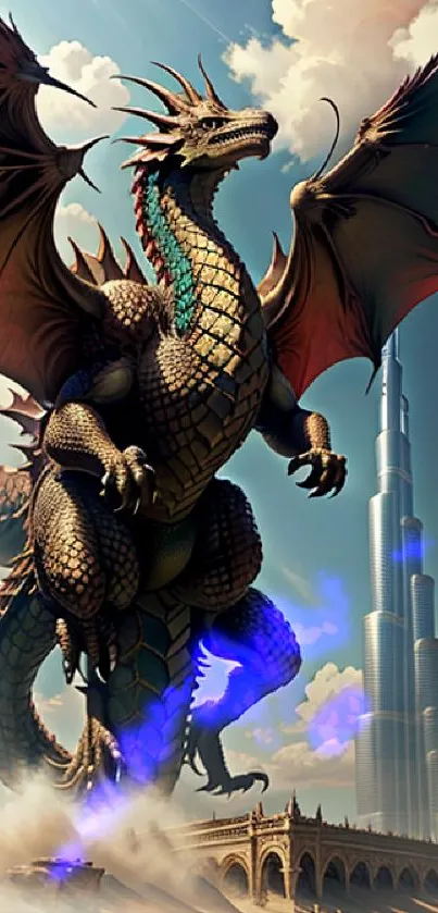 Majestic dragon soaring above a modern cityscape with skyscrapers.