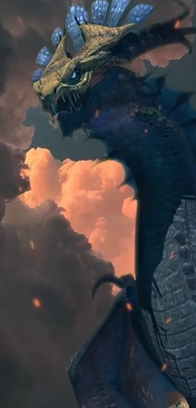 Majestic dragon against a backdrop of dramatic clouds.
