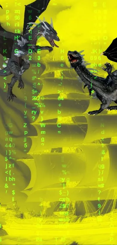 Two dragons battle in a vibrant cyber-themed scene with ships and green text.