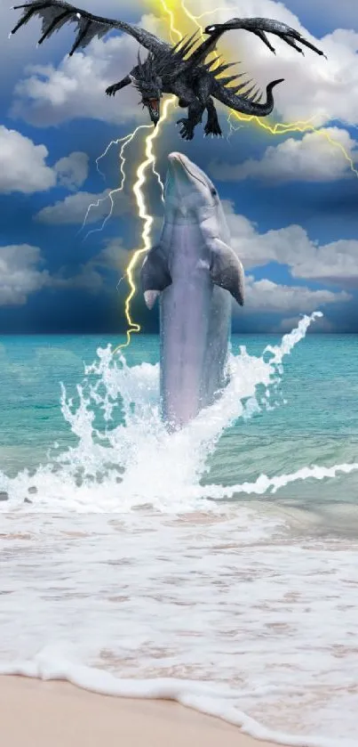 Dolphin leaping toward dragon with lightning on a beach background.