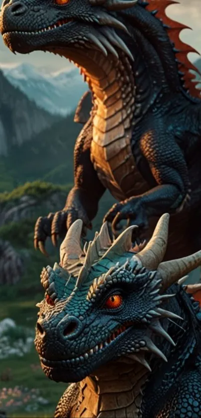 Two majestic dragons in a mountainous landscape.
