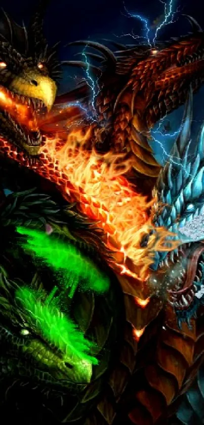 Epic dragons with fire, ice, and electric elements.